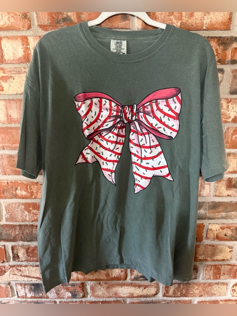 Comfort Colors Moss Green Short Sleeve Tee with Cake Bow Graphic